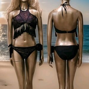 NWT Black Printed Bohemian Tassel Fringe Tie Neck & Side Tie Bikinis